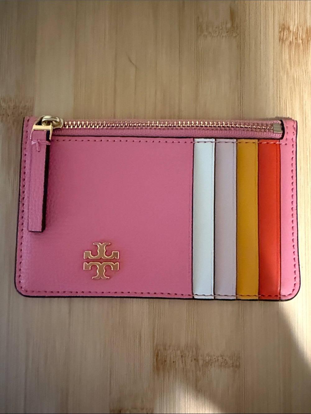 Tory Burch Pink Leather Card Holder with Multicolor Slots